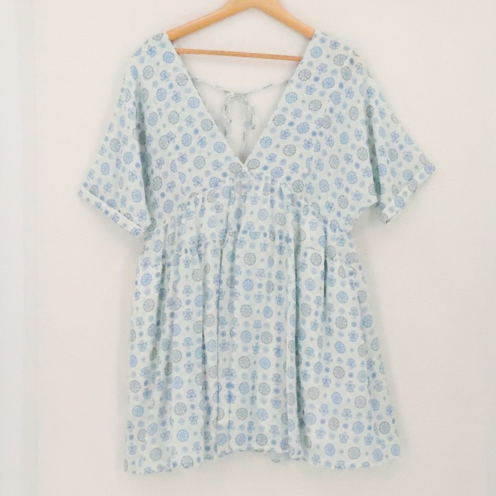 HERSY Floral Linen Blend Babydoll Mini Dress Womens Size S Blue Boho Cottage